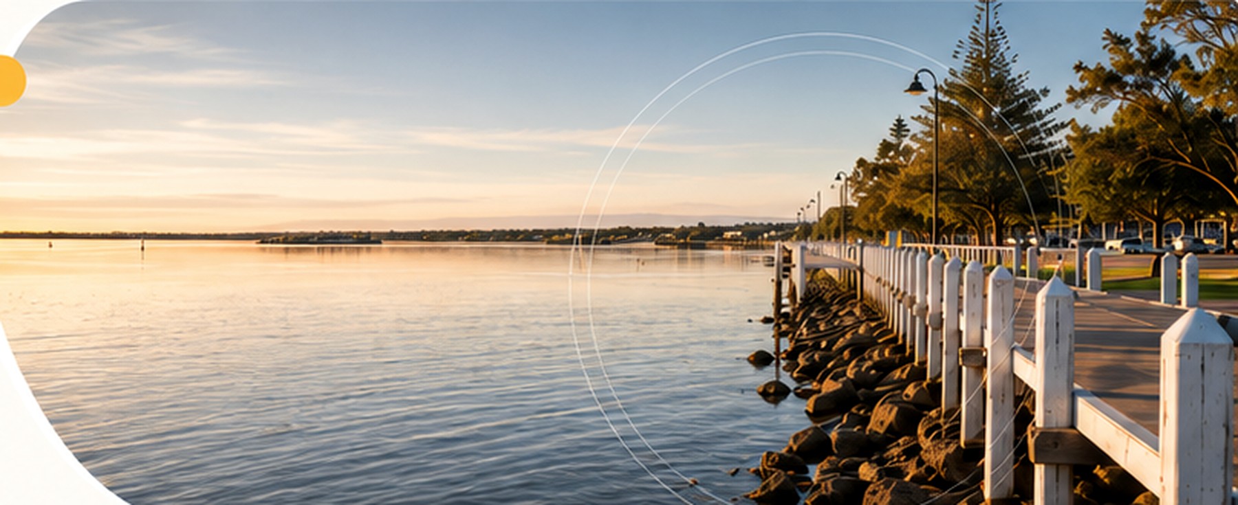 Calm Shelley waterfront at sunset